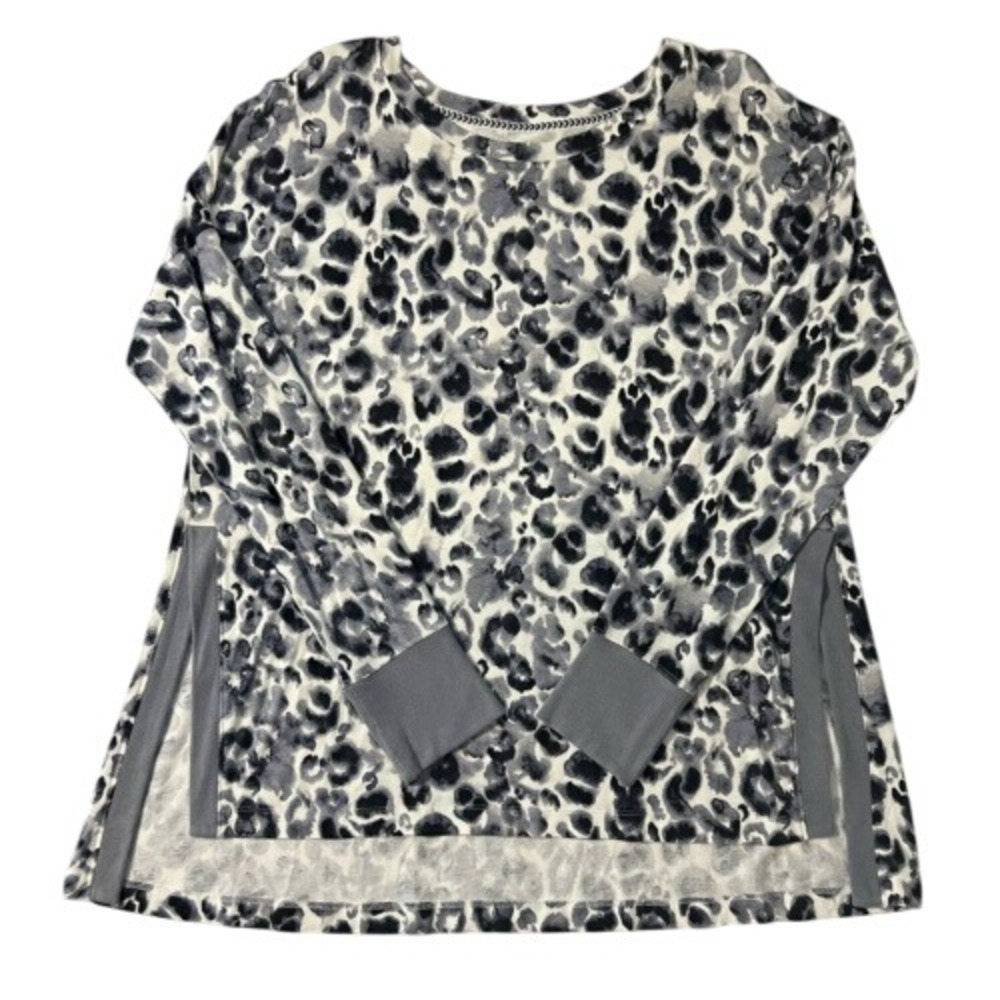 New Directions Women Pullover Top Hi Low Qtr Sleeve Animal Print Side Slit XL